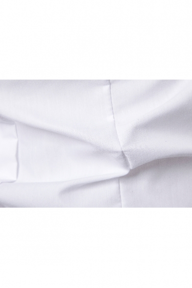 Summer Men Simple Plain Stand Collar Short Sleeve Pleated Slim Fit Shirt