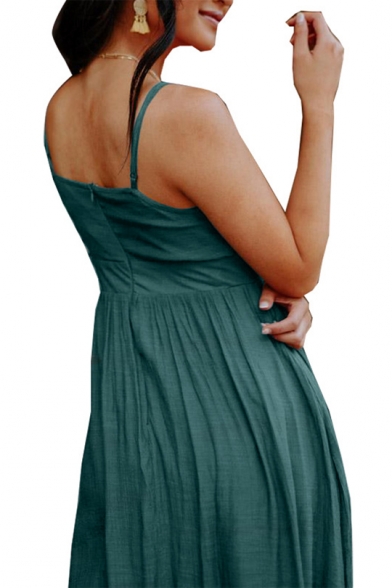 Summer New Stylish Spaghetti Straps Sleeveless Plain Cutout Detail Maxi Cami Linen Dress