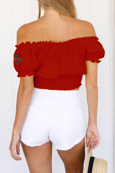 Summer Retro Floral Embroidery Tied Off the Shoulder Short Sleeve Cropped Blouse Top