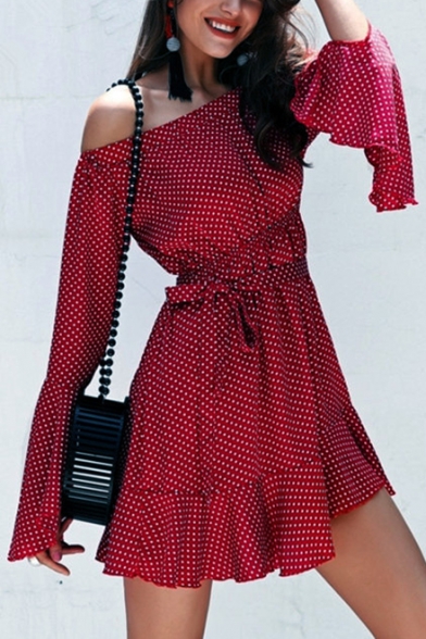 Summer Stylish Red Polka Dot Printed Off the Shoulder Flared Long Sleeve Tied Waist Mini A-Line Ruffle Dress