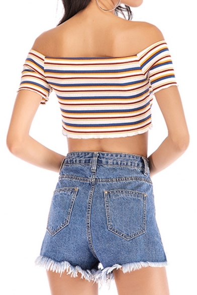 Summer Trendy Colorful Striped Printed Off the Shoulder Short Sleeve Button Down Crop Tee