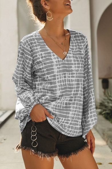 Summer Womens Fashion Pattern V-Neck Lantern Long Sleeve Relaxed Blouse Top