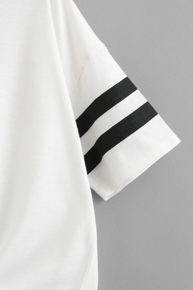 Summer Womens Simple Striped Short Sleeve V-Neck Tied Hem Cropped White T-Shirt