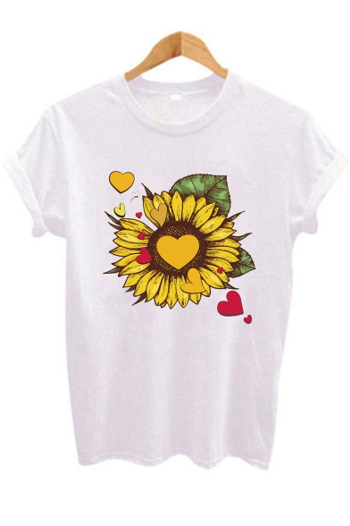 Sunflower Heart Print Round Neck Short Sleeves Summer Tee