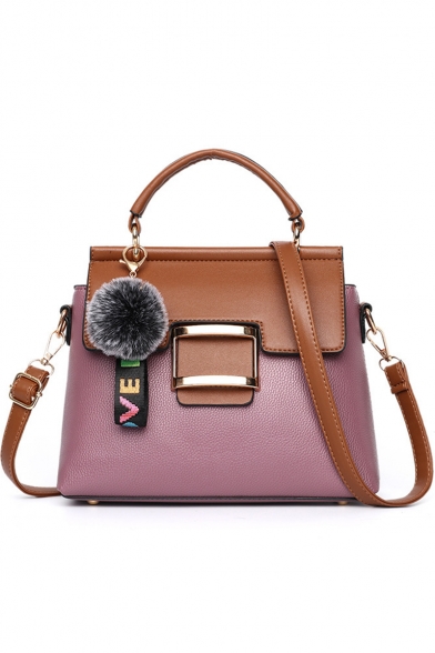 Trendy Color Block Letter Ribbon Plush Ball Embellishment Buckle Satchel Handbag 27*10*22 CM