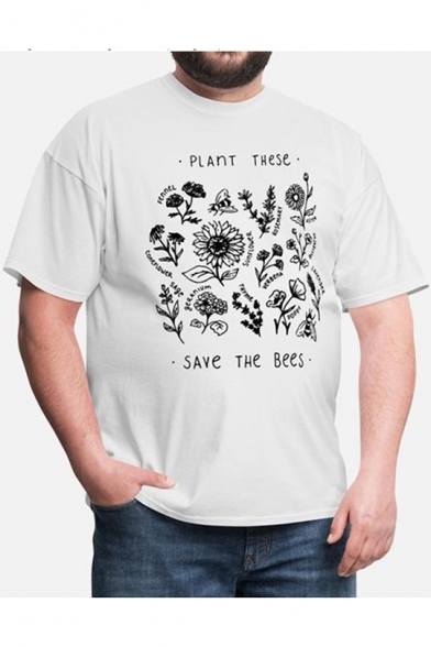 Trendy Floral Letter PLANT THESE SAVE THE BEES Printed Short Sleeve Casual Tee