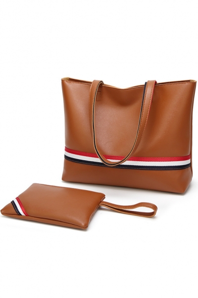 Trendy Large Capacity Colorblock Striped Patched PU Leather Travel Shoulder Tote Bag 34*12*28 CM