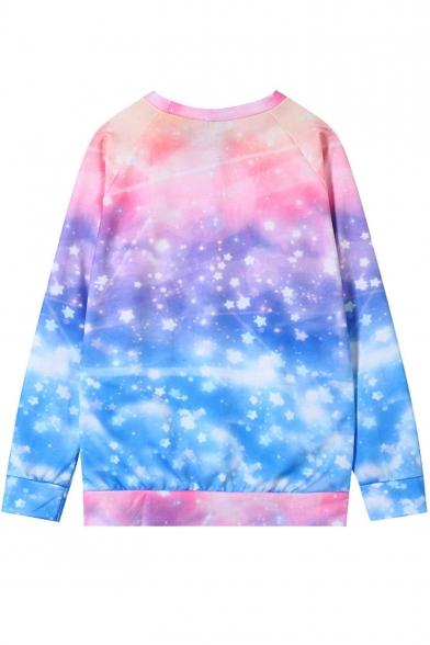Trendy Ombre Color Pink Starry Sky Galaxy Print Long Sleeve Relaxed Sweatshirt