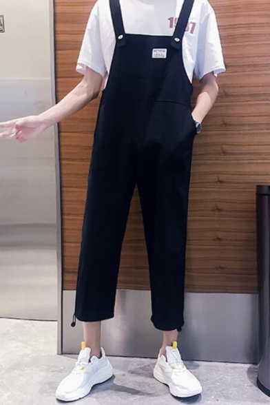 Trendy Simple Solid Color Casual Loose Straight Fit Unisex Cropped Pants Bib Overalls