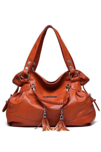Trendy Solid Color Braided Handle Tassel Embellishment Satchel Shoulder Bag