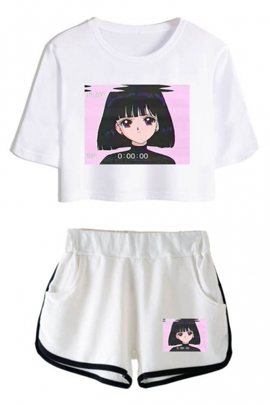 Vaporwave Cute Comic Girl Pattern Short Sleeve Crop Tee Casual Dolphin Shorts Two-Piece Set
