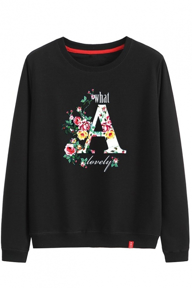 WHAT A LOVELY Letter Floral Printed Round Neck Long Sleeve Cotton Sweatshirt