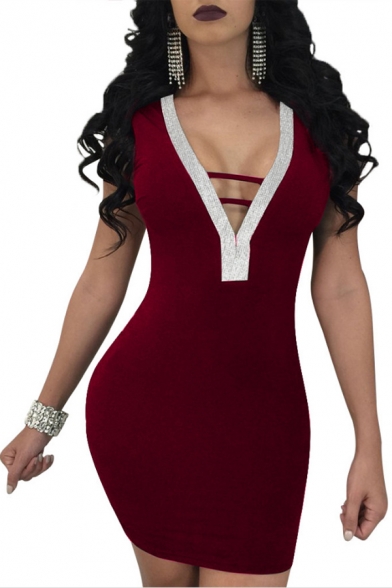 Women's Chic Sequined Patched Hollow Out V-Neck Sleeveless Mini Bodycon Nightclub Dress