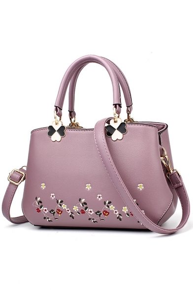 Women's Elegant Floral Embroidery PU Leather Work Satchel Handbag 24*8*18 CM