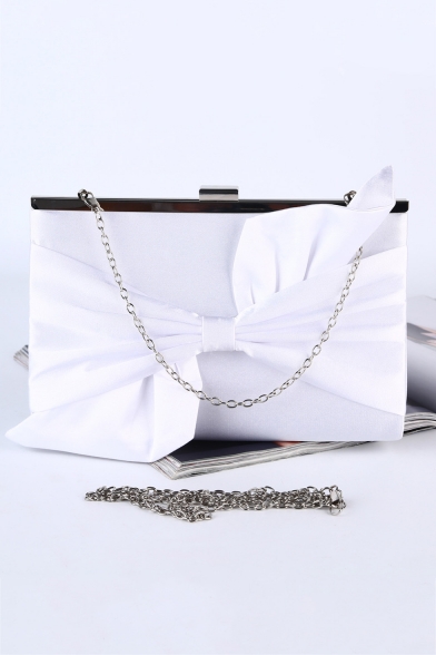 Women's Fashion Solid Color Bow Embellishment White Silk Evening Clutch Bag 24*6*15 CM
