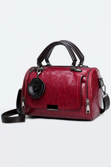 Women's Fashion Solid Color Floral Embellishment Zipper Satchel Tote Handbag 25*13*16 CM