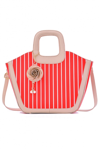 Women's Fashion Stripe Printed Pearl Flower Embellishment Portable Satchel Shoulder Bag 38*12*25 CM