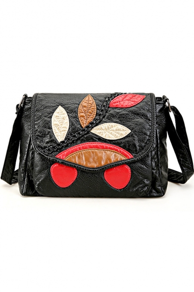 Women's New Stylish Leaf Print Black PU Leather Crossbody Bag 29*22*11 CM
