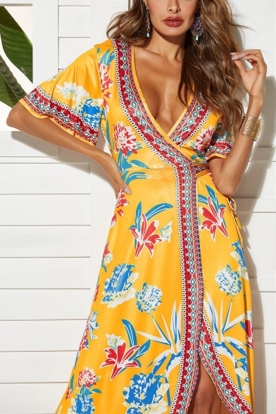 Women's Sexy V-Neck Short Sleeve Floral Printed Split Side Maxi Swing Beach Dress