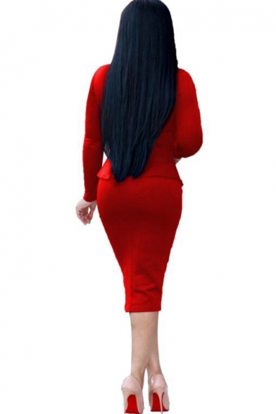Women's Solid Color Bow Collar Long Sleeve Ruffle Slim Fit Midi Pencil Dress