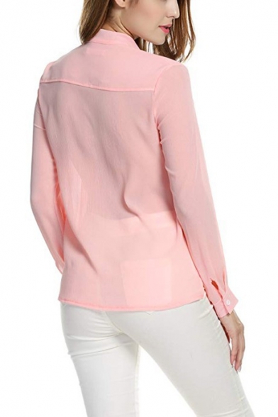 Womens New Stylish Simple Plain Bow-Tied V-Neck Long Sleeve Casual Chiffon Blouse Top