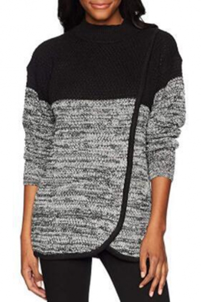 Womens New Stylish Two-Tone Patchwork Mock Neck Long Sleeve Slim Fit Sweatshirt