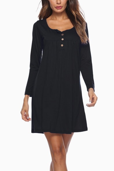 Womens Simple Plain Scoop Neck Long Sleeve Button Front Mini Pleated Casual Dress