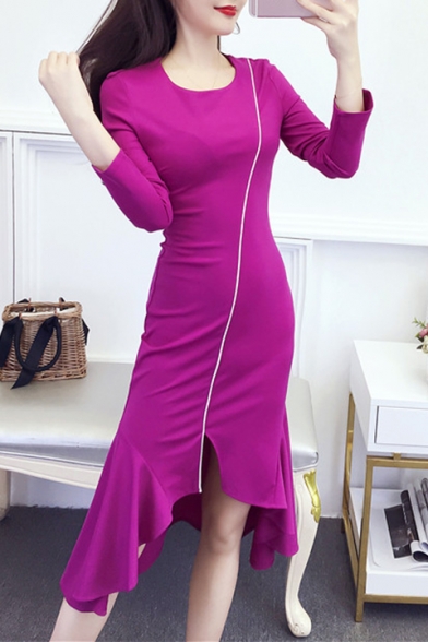 Womens Solid Color Round Neck Long Sleeve Midi Fishtail Ruffled Dress
