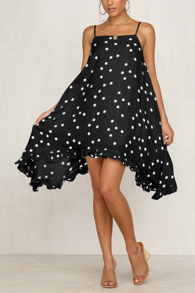 Womens Summer Holiday Trendy Vintage Polka Dot Printed Beach Asymmetrical Strap Dress