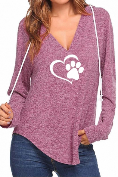 Womens Unique Heart Claw Printed V-Neck Long Sleeve Loose Fit Asymmetrical Hoodie