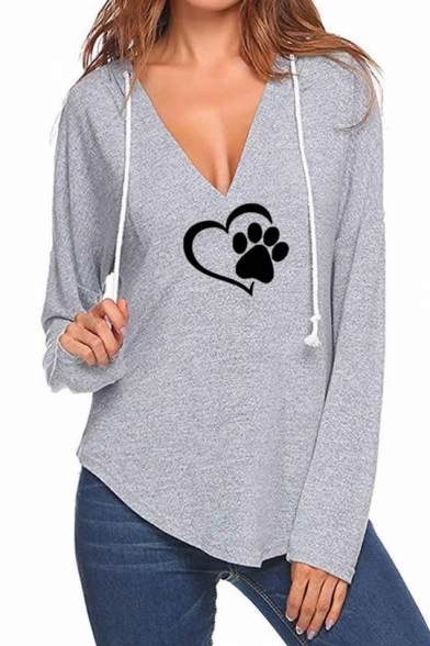 Womens Unique Heart Claw Printed V-Neck Long Sleeve Loose Fit Asymmetrical Hoodie