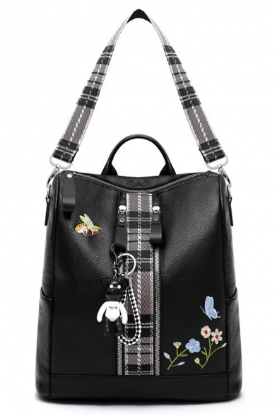 Big Capacity Floral Embroidered Plaid Patchwork Waterproof Black PU Leather Shoulder Bag Backpack 30*31*14 CM