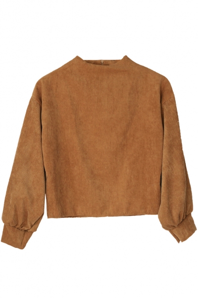 Camel Mock Neck Long Sleeve Corduroy Plain Pullover Sweatshirt