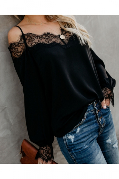 Chic Eyelash Lace Trimmed Cold Shoulder Straps Long Sleeve Casual Chiffon Top