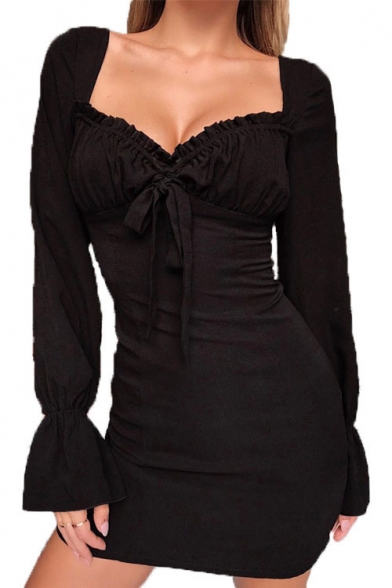 black square neck long sleeve dress
