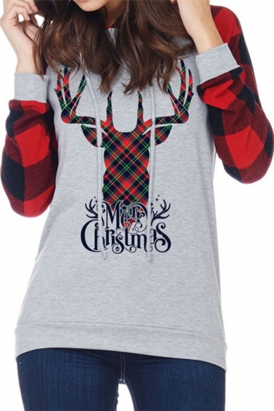 Christmas Deer Printed Plaid Long Sleeve Womens Slim Fit Drawstring Hoodie
