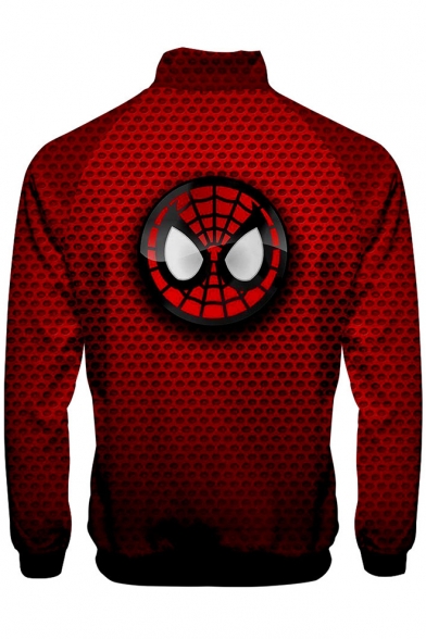 Cool Spider Printed Comic Cosplay Costume Stand Collar Long Sleeve Zip Front Red Jacket