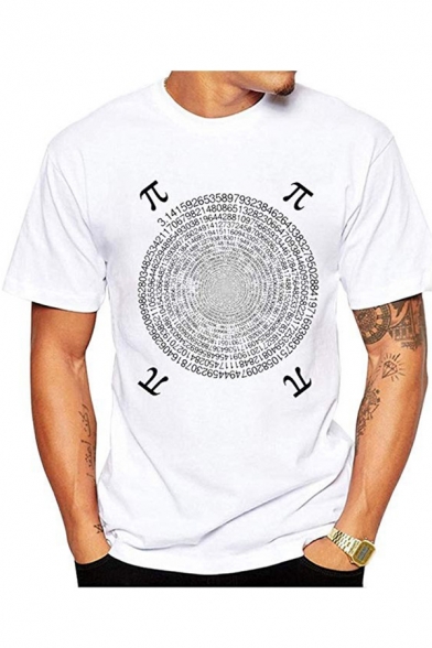 Cool Trendy Circle Number Letter Pai Printed Short Sleeve White Tee
