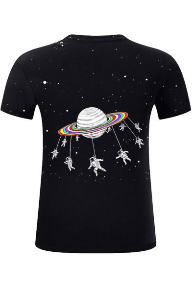 Cool Unique Black Galaxy Planet Astronaut Print Short Sleeve Tee