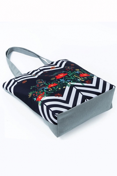 Creative National Style Floral Wavy Stripes Printed Black and White Tote Shopper Bag 27*11*38 CM