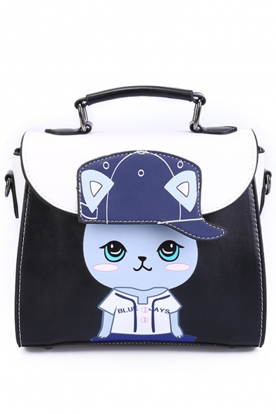 Cute Cartoon Cat Printed Colorblock PU Leather Satchel Shoulder Bag 22*9*19 CM