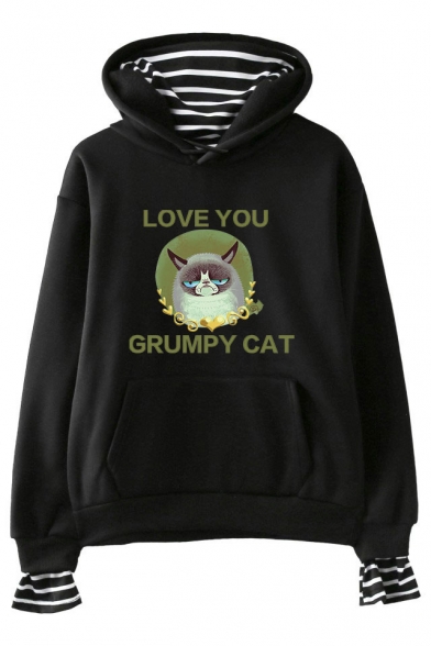 

Cute Cartoon Letter LOVE YOU GRUMPY CAT Striped Inside Fake Two-Piece Hoodie, Black;pink;white;gray;navy, LM529769