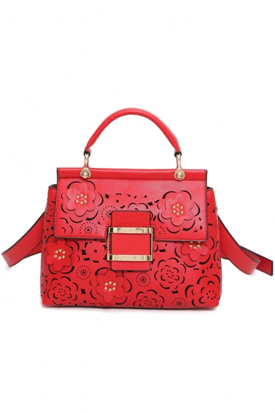 Designer Solid Color Hollow-out Floral Pattern Rivet Embellishment Satchel Shoulder Bag 29*11*20 CM