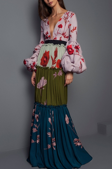 Designer Unique Fashion Floral Printed Sexy Plunging V-Neck Puff Long Sleeve Maxi A-Line Pleated Dress