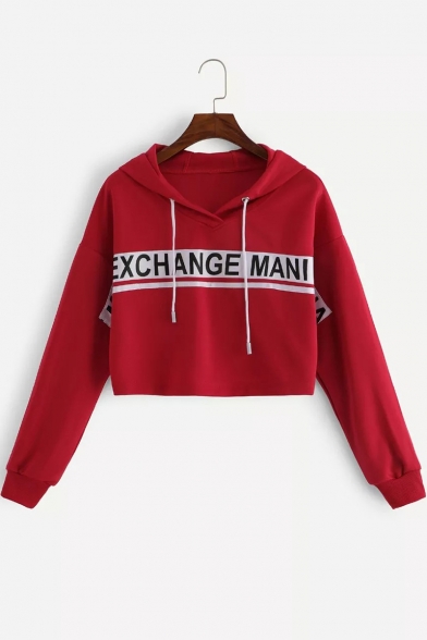 EXCHANGE Letter Red Long Sleeve Cropped Hoodie with Drawstring