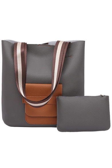 Fashion Color Block Flat Pocket Front Stripe Strap School Shoulder Bag 32*29*12 CM