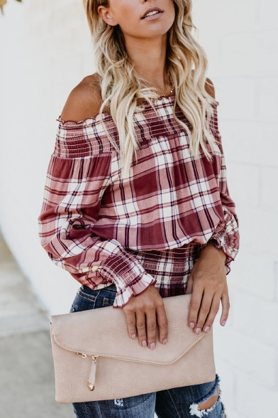 Fashion Red Plaid Printed Long Sleeve Off the Shoulder Ruffled Blouse Top