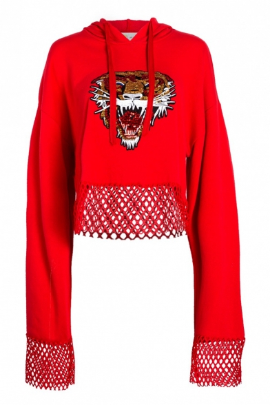 Fashion Sequined Tiger Embroidery Mesh Grid Panel Long Sleeve Casual Loose Hoodie