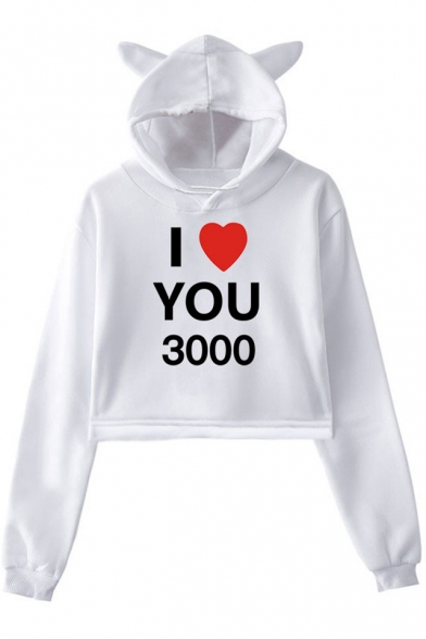 Father's Day Heart Letter I LOVE YOU 3000 Cute Cat Ear Design Crop Hoodie