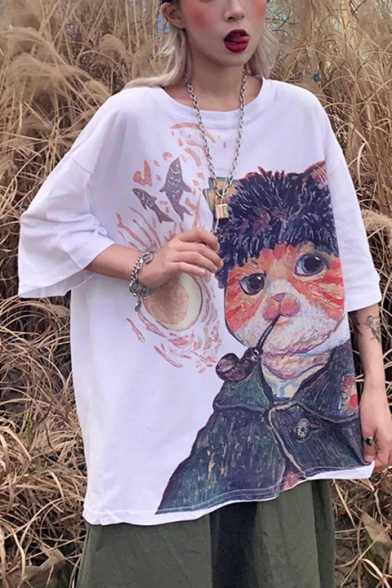 Funny Cute Cartoon Cat and Fish Pattern Round Neck Oversized T-Shirt